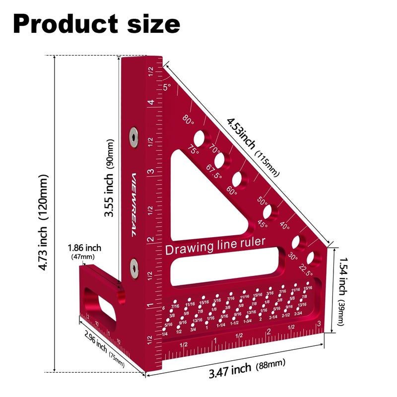 ViewReal Premium Carpenter Square Hole Scribing Ruler Woodworking Square 22.5-90 Degree Measuring Ruler with Angle Pin,Versatile Multi Angle Square for Woodworking, Engineering, and Construction - Image 2